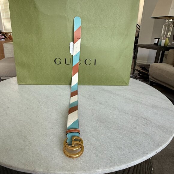 Gucci Calfskin Leather Belt Unisex GG Marmont 85cm Gold Double G 400593 - Picture 11 of 14